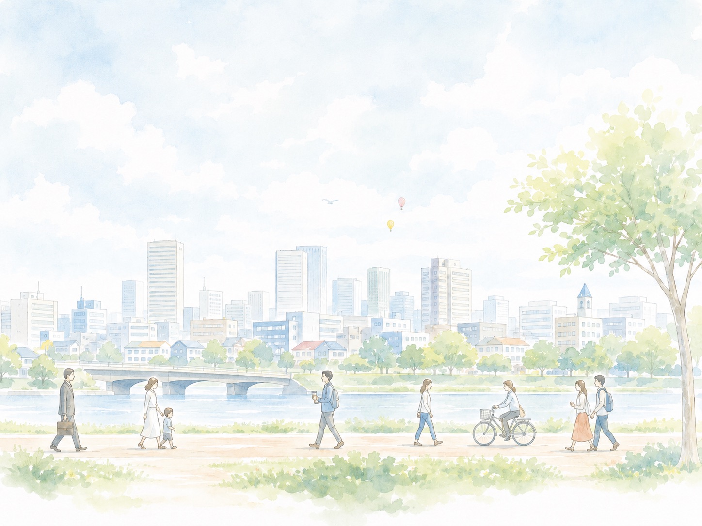 川辺の遊歩道を行き交う人々と街並みを描いたやわらかな水彩のイメージイラスト